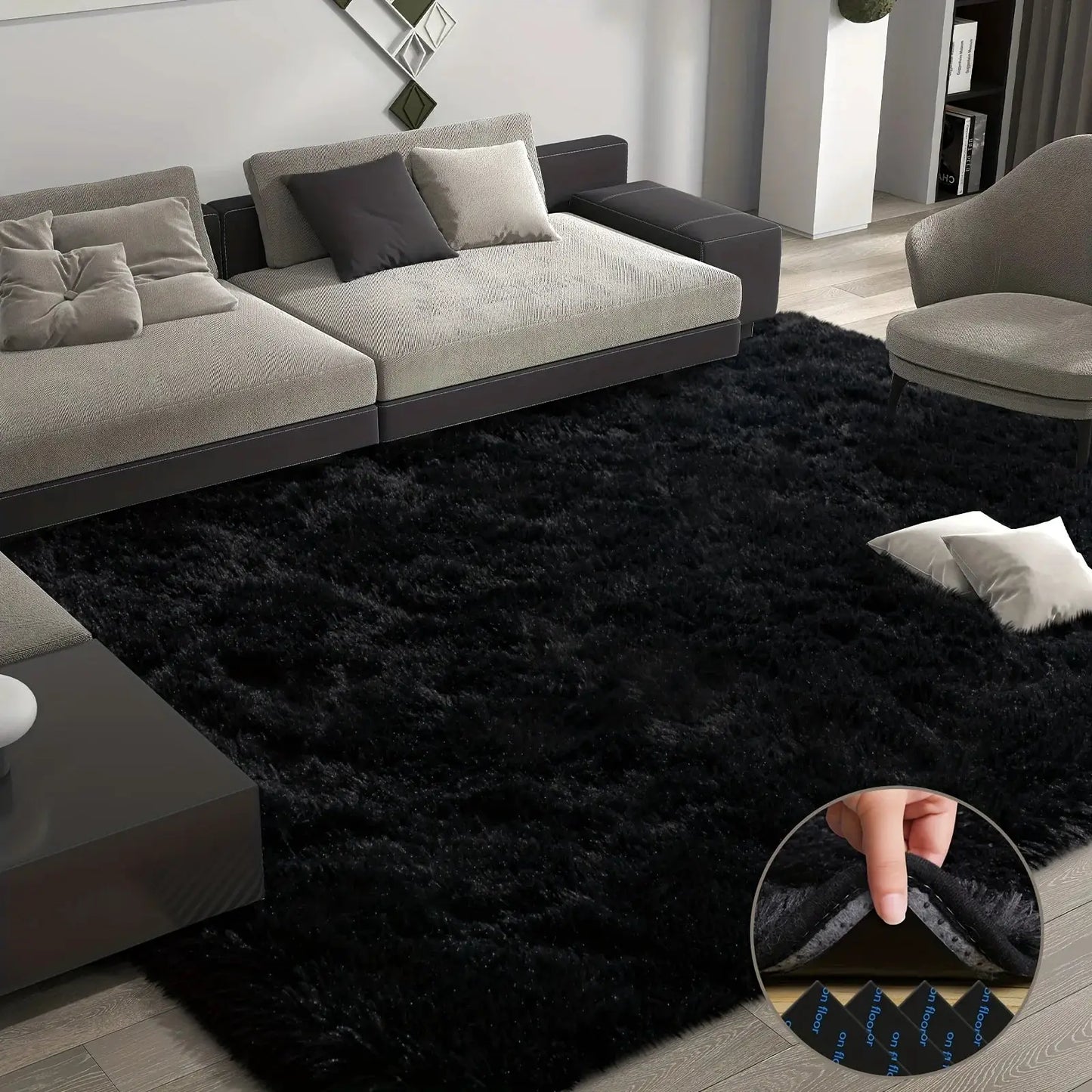Large plush area rug, decorative rug for living room, super soft and fluffy plush rug for bedroom, home decor rug, black from PriceLows™