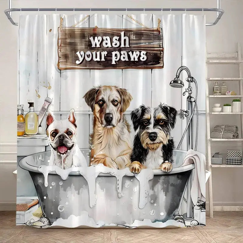 Funny Bathing Dogs Shower Curtain Bathtub Wash Your Paws Cute Pet Cartoon Animals Bath Curtains Fabric Bathroom Decor with Hooks from PriceLows™