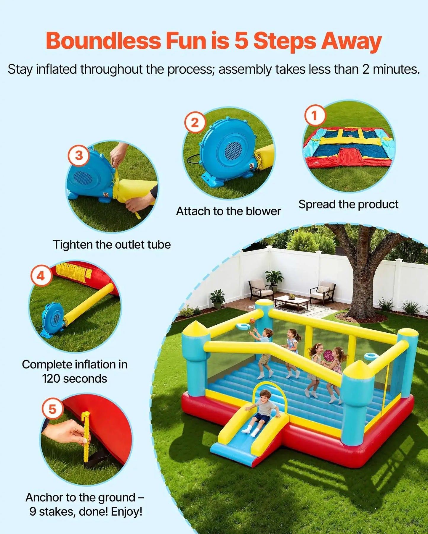Inflatable Bounce House, 14.7 x 13.8 x 6.8 ft Jumping Bouncy Castle, Inflatable Jumper for Kids with Slide, Basketball Hoop, from PriceLows™