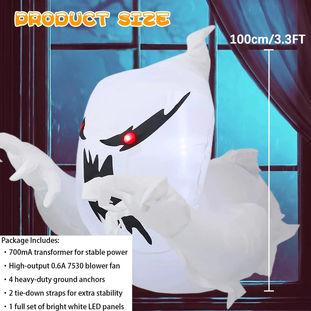 Inflatable Ghost Decoration | 3.3 Ft Outdoor | Built In Led | Halloween Prop