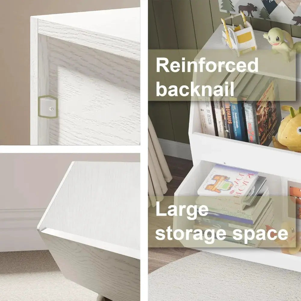 Large Toy Bin Bookcase with Two Drawers, Storage Cabinet on Wheels for Playroom, Bedroom, Nursery (White Oak, Regular) from PriceLows™