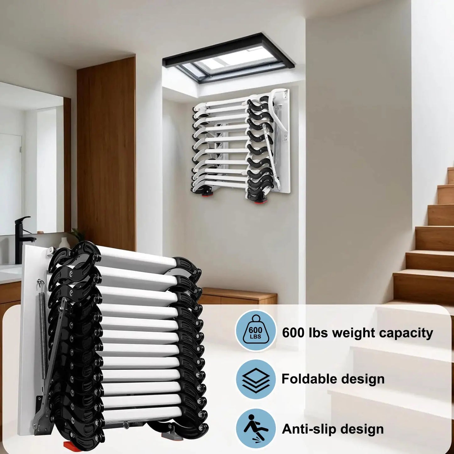 11 Steps Wall-Mounted Folding Steel Attic Ladder with 2Handrails Telescopic Attic Ladder Retractable Loft Ladder for Home Indoor from PriceLows™