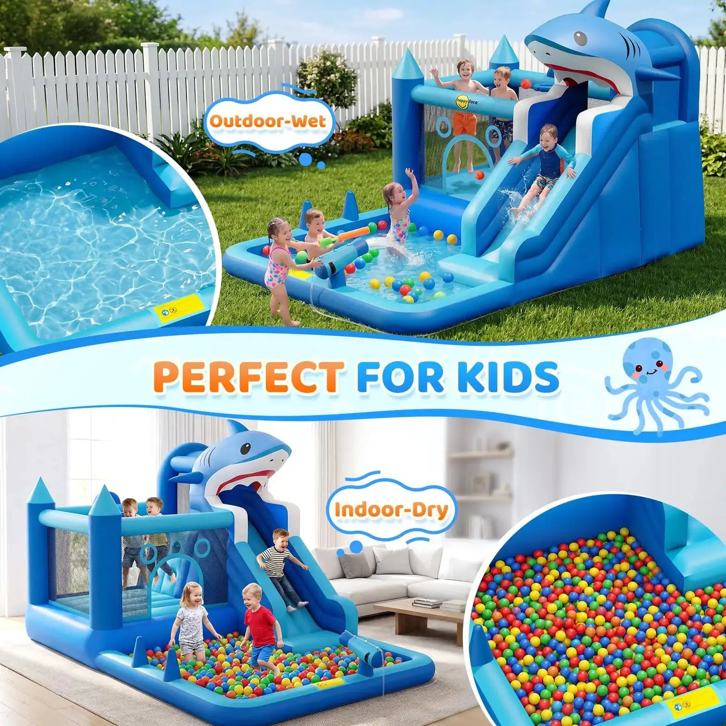 Shark Inflatable Water Park Bounce House With Slide & Blower, Splash Pool, Climbing Wall, Water Cannon, Hoop For Backyard Kids from PriceLows™