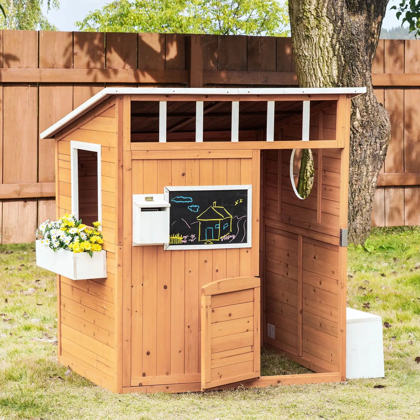 Outsunny Wooden Playhouse for Kids Outdoor with Working Door, Windows, Mailbox, Bench, Flowers Pot Holder, 48" X 42.5" X 53" from PriceLows™