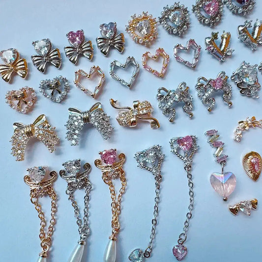 10pcs Valentine's Day Pink Love Heart Ribbon Zircon Metal Nails Jewelry Decorations Nail Art Accessories Charms Parts Supplies from PriceLows™
