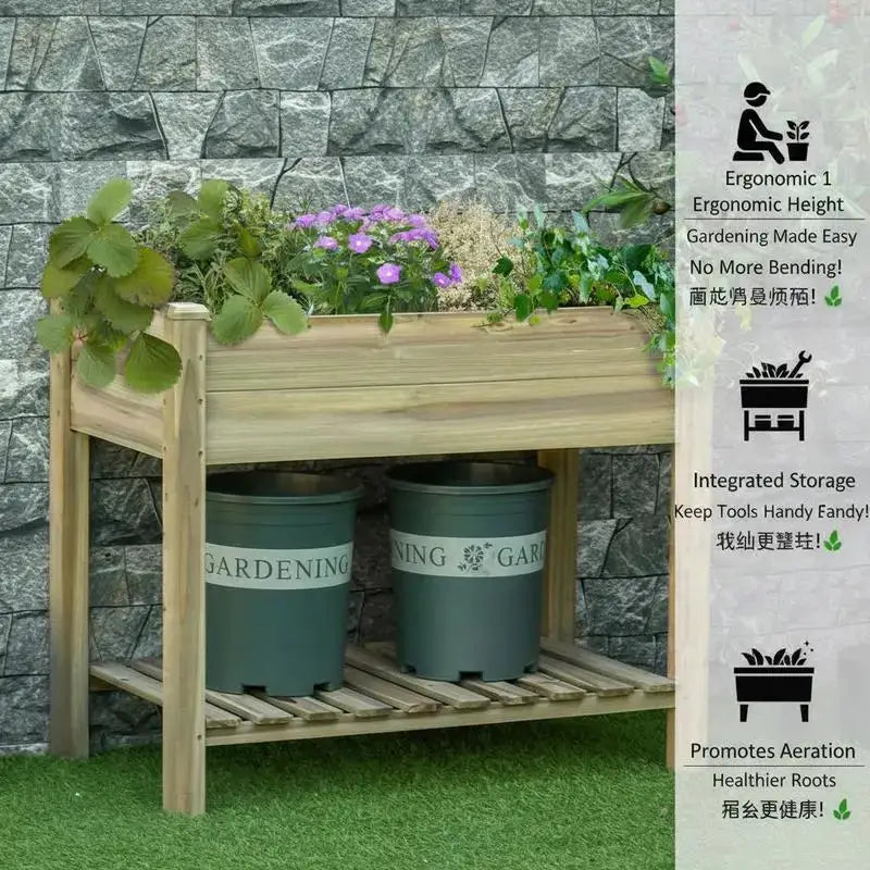 Garden Wooden Planters， Raised Garden Bed with Legs and Storage Shelf Elevated Wooden Planter Box from PriceLows™