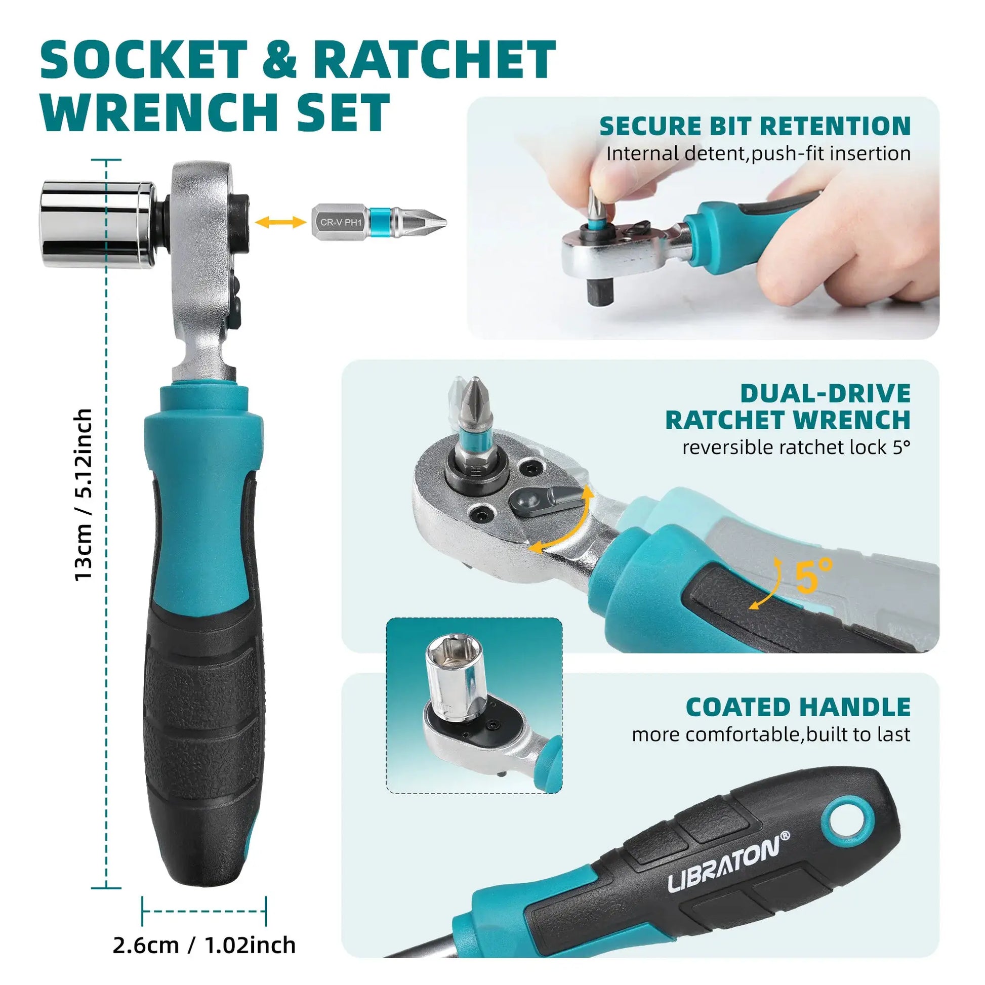 LIBRATON 26PCS 1/4" Dual-Drive Ratchet Wrench Set with Metric Shallow Sockets Screwdriver Bit Set Extension Bar for Auto Repair from PriceLows™