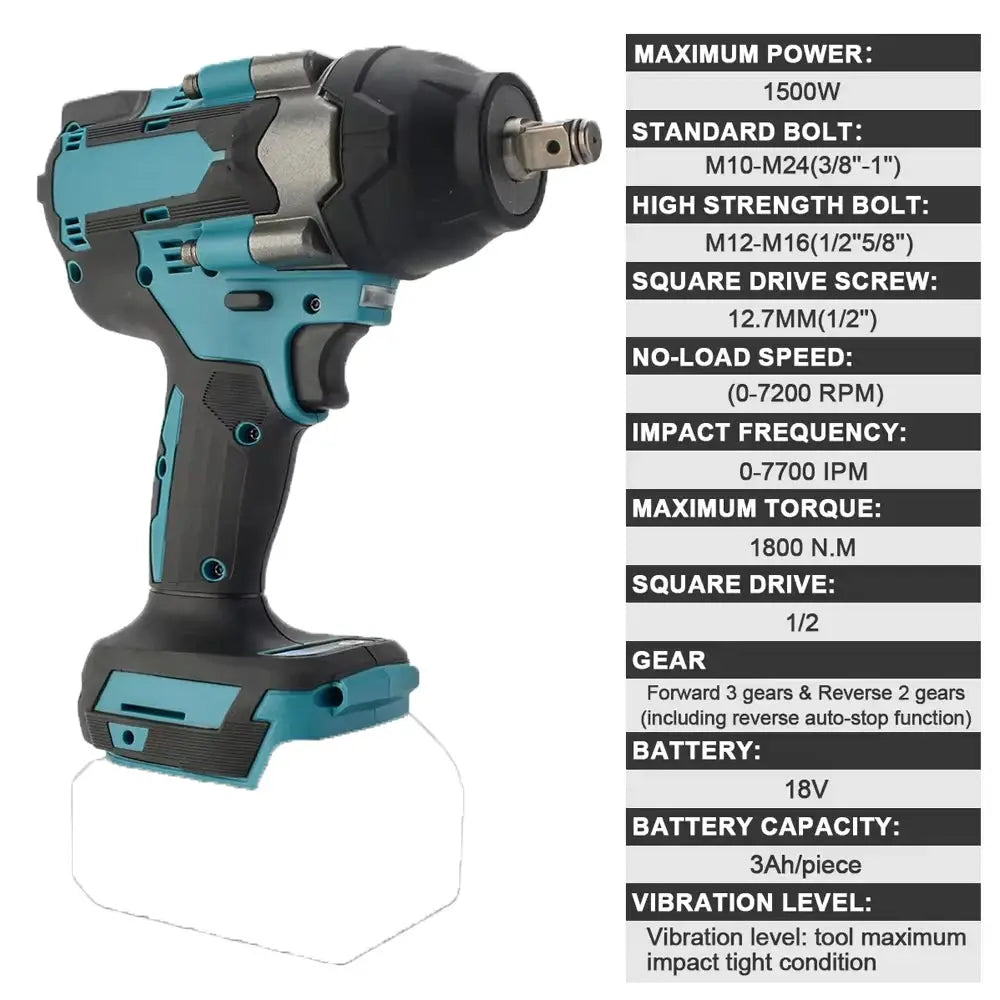 1800N.m High Torque Brushless Electric Impact Wrench 1/2'' Cordless Power Tool for Auto Repair Screwdriver Nut Remover For Makita 18V Battery Pin from PriceLows™