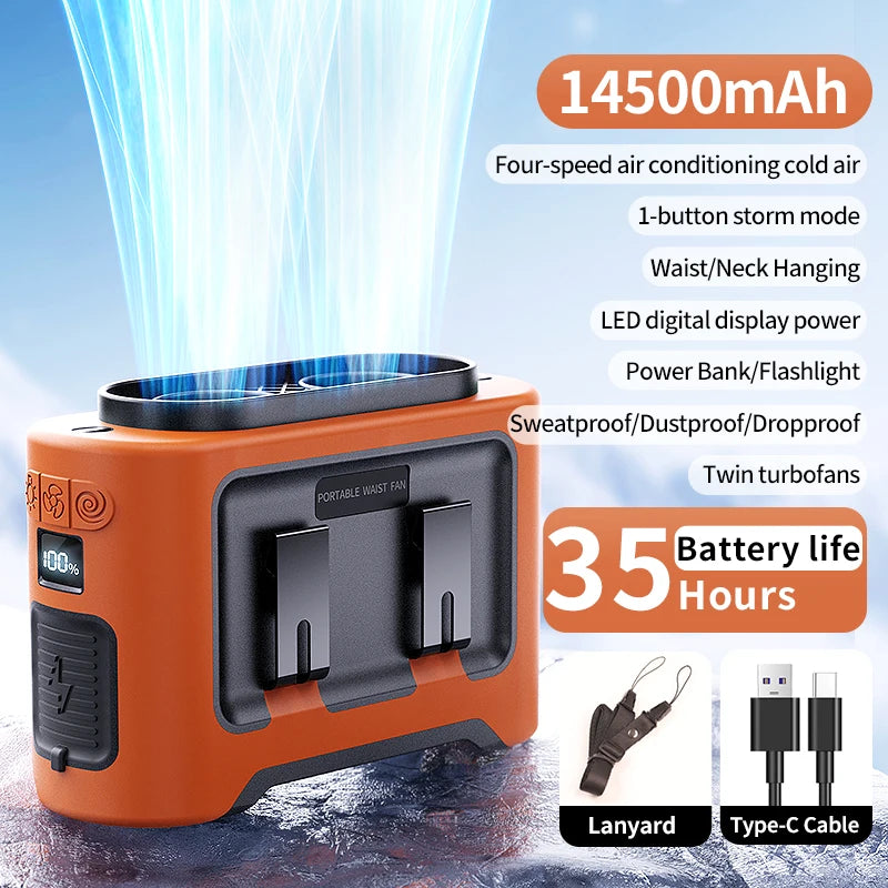 Wearable Neck Fan | 14500mAh Battery | Waist/Neck Mount, CE RoHS | One Size