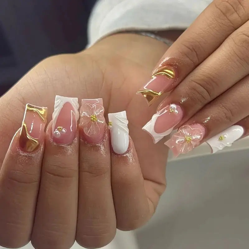 Press On Nails | Medium Square | Blush Pink Floral | 24 Pcs M Size