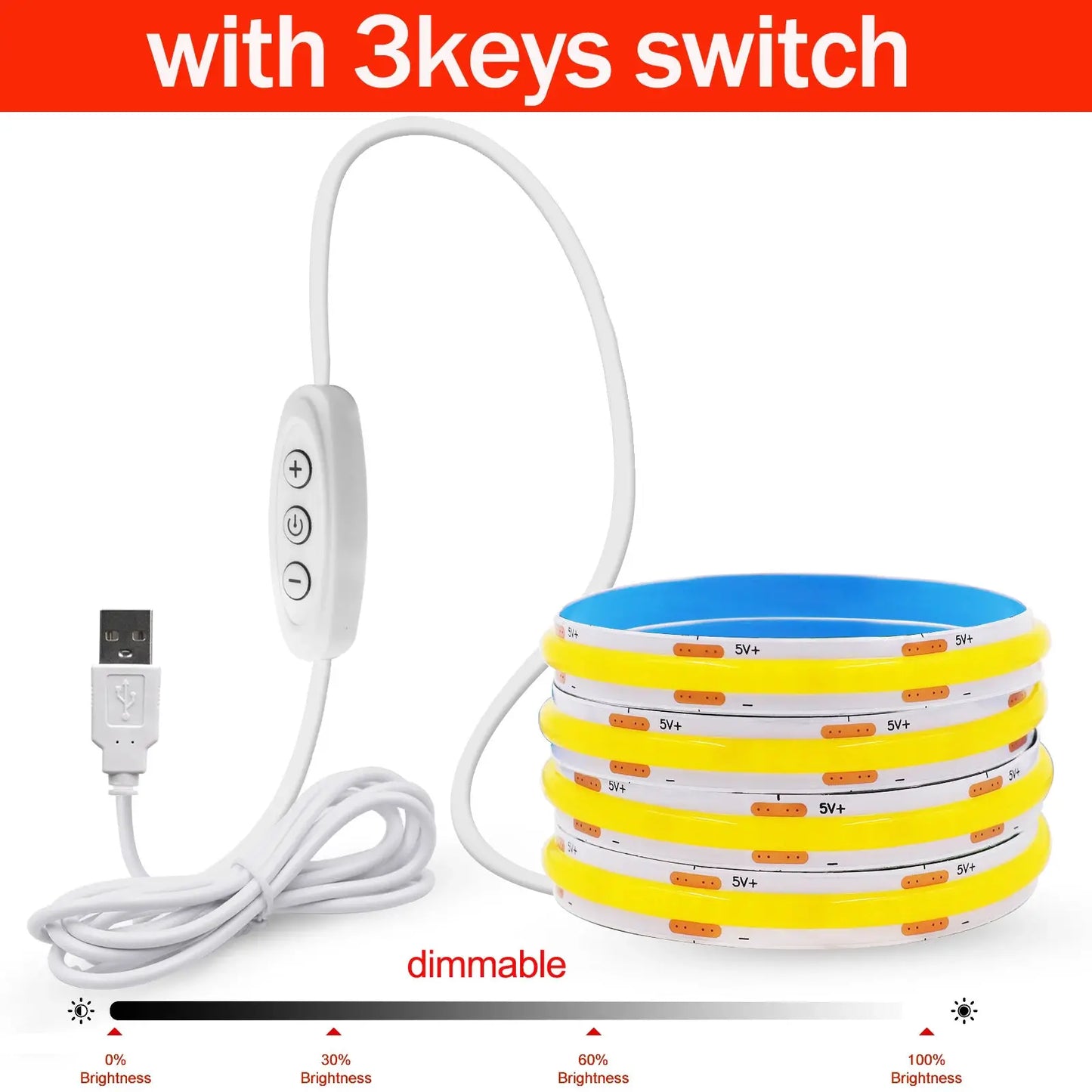Dimmable COB LED Strip Light 5V USB Flexible LED Tape with Switch 320LEDs High Density Linear Lighting with Adhesive Tape from PriceLows™