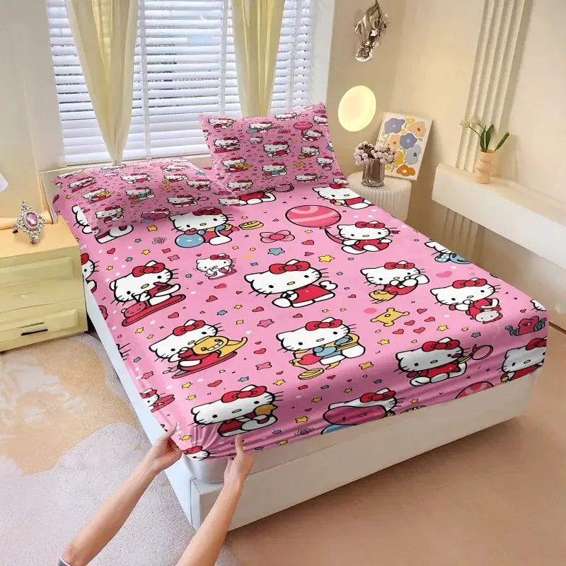 3Pcs Kawaii Hello Kitty Fitted Sheet Set With 2 Pillowcases Pink Bed Sheet Soft Deep Pocket Bedding For Girls Bedroom Decor from PriceLows™