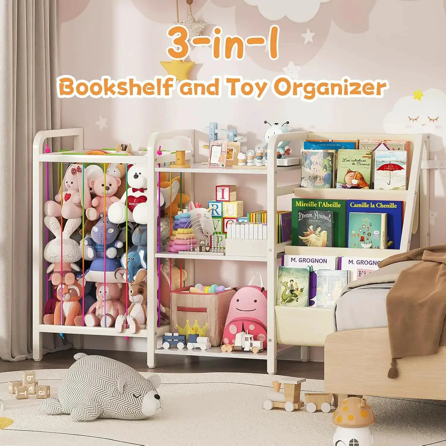 3-Tier Kids Bookshelf & Toy Storage, Sling Bookcase with Stuffed Animal Organizer, White from PriceLows™