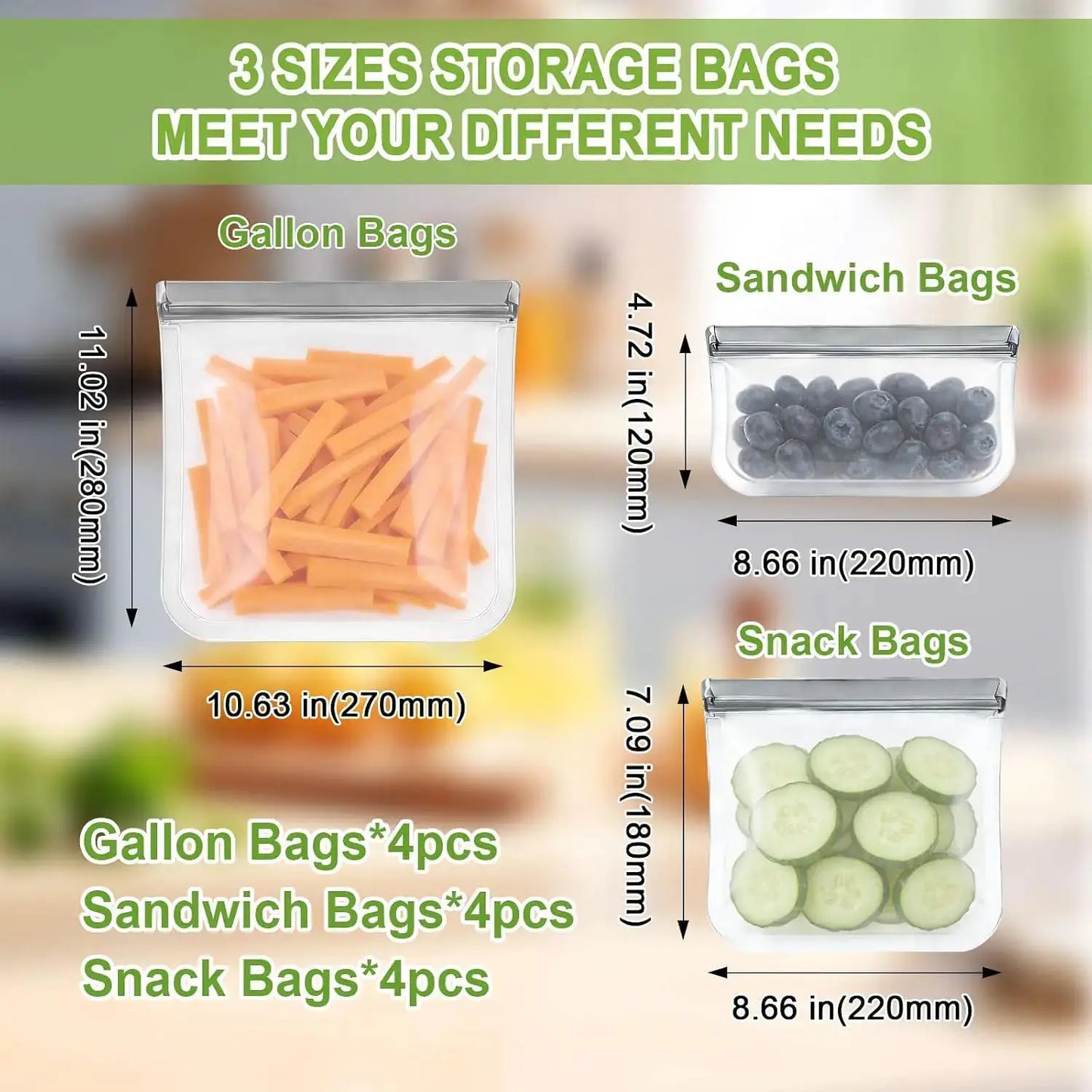 Reusable Silicone Bags | Leakproof | Freezer Safe | 4 Gal, 4 Sand, 4 Snack