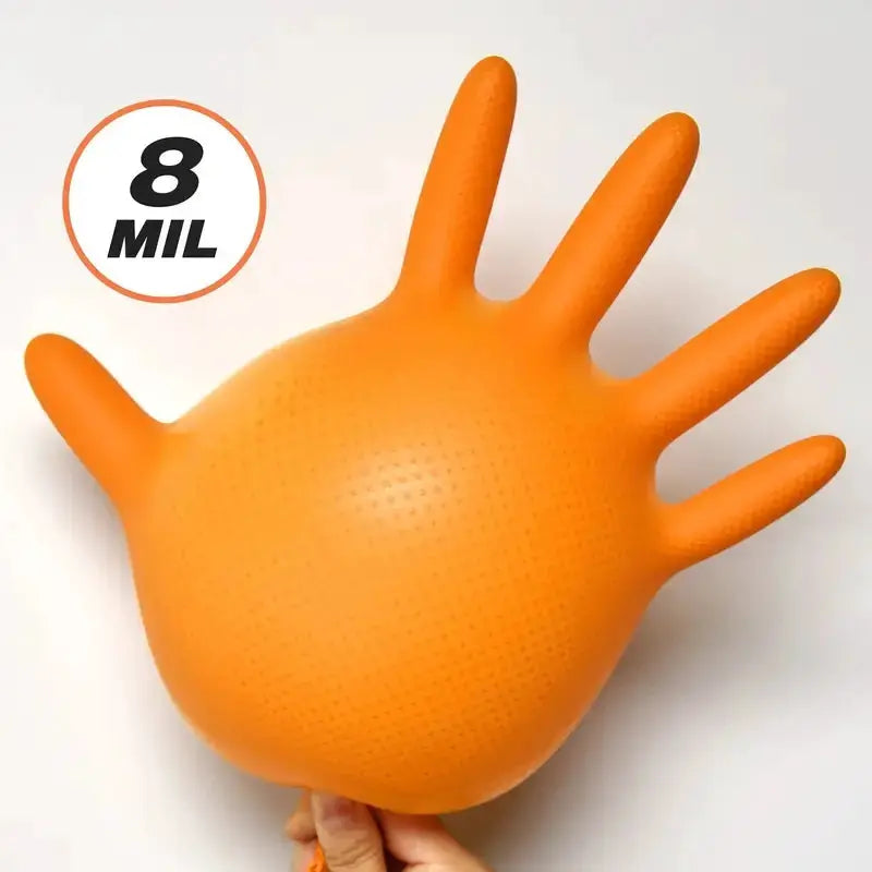 Heavy Duty Orange Nitrile Gloves 8Mil Industrial Disposable Gloves with Diamond Textured Grip for Mechanic Safety & Work Gloves from PriceLows™