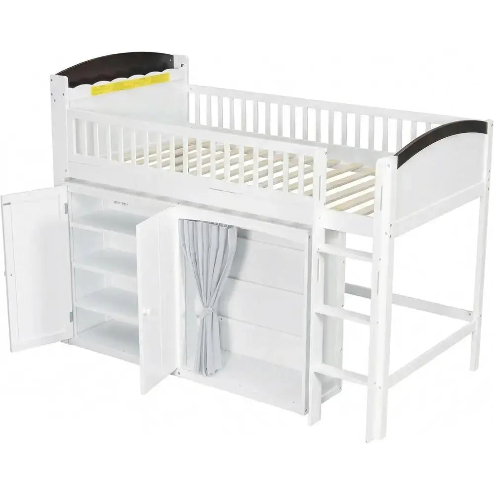 Twin Size Kids Uvellamo Loft Bed with LED Lights, Storage Cabinet, and Wardrobe, Suitable for Boys or Girls, White from PriceLows™