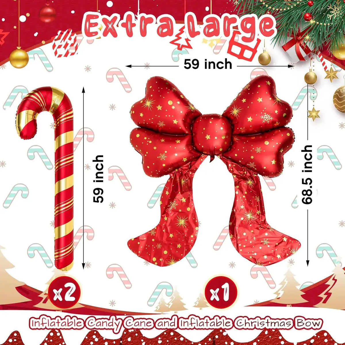 Giant Christmas Balloon Set | 3 Piece | Red Bow And Candy Cane | 5.7 Feet