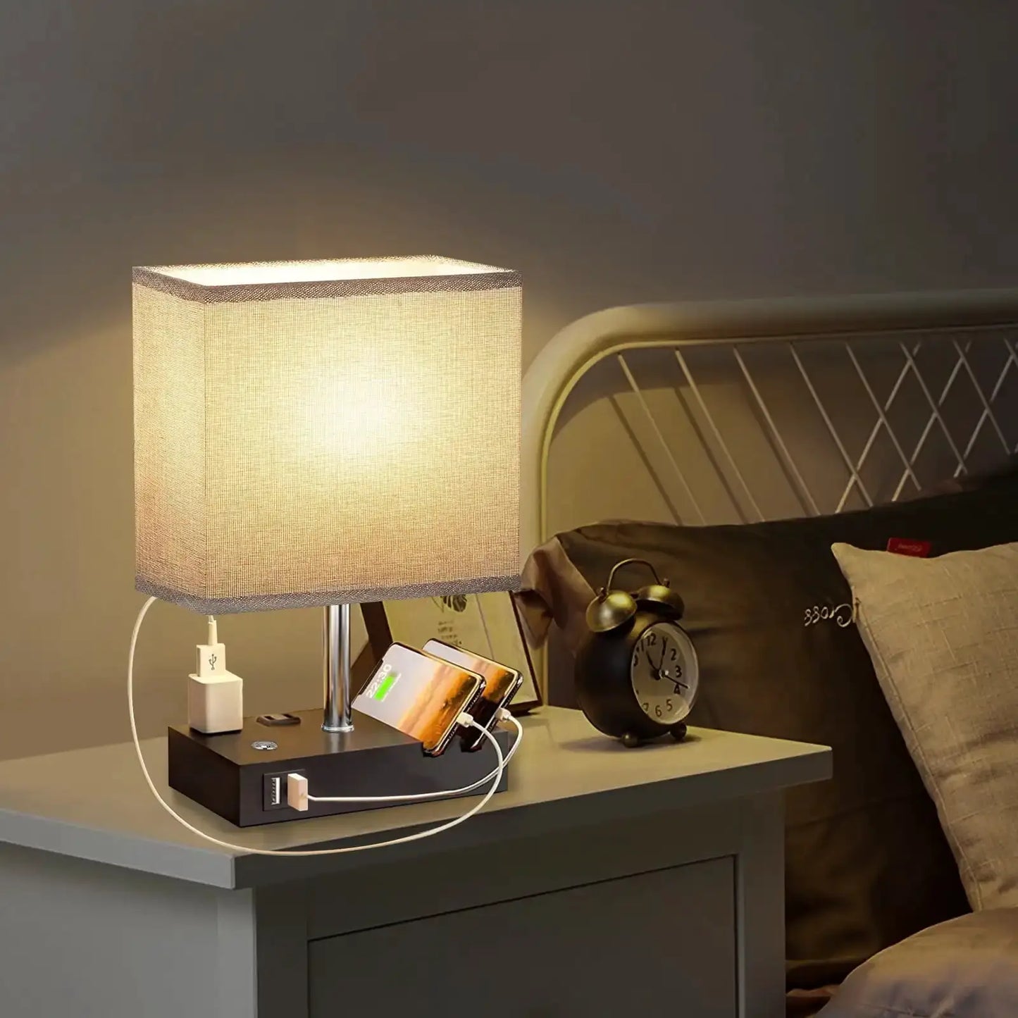 SZRSTH 15.7" Bedside Table Lamp for Bedroom, Dual Fast USB Charging Ports, Fully Dimmable Nightstand Lamps from PriceLows™