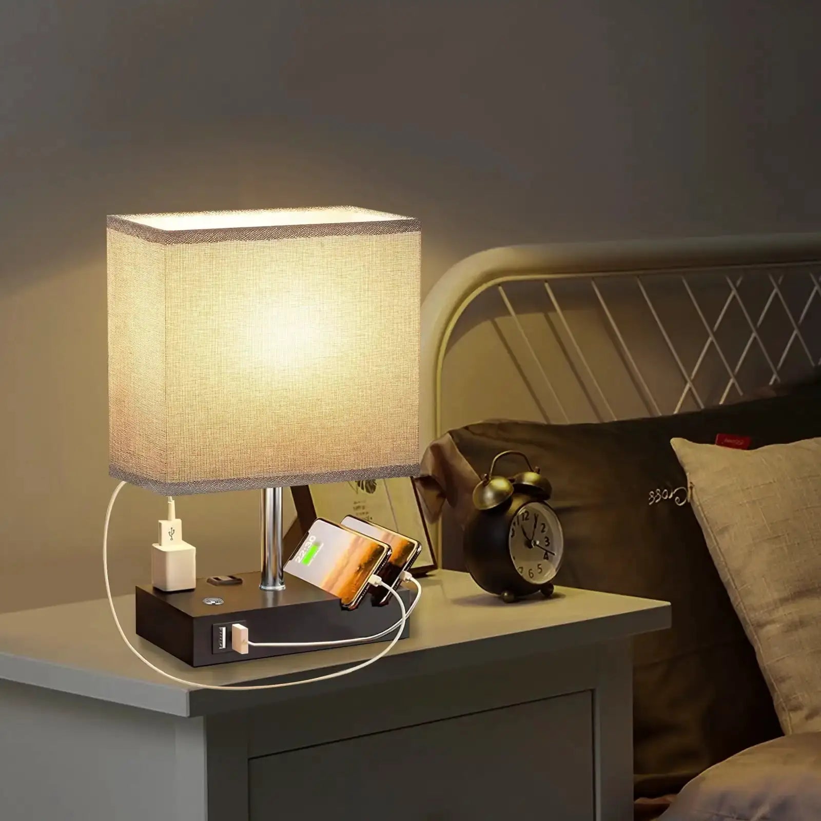 SZRSTH 15.7" Bedside Table Lamp for Bedroom, Dual Fast USB Charging Ports, Fully Dimmable Nightstand Lamps from PriceLows™