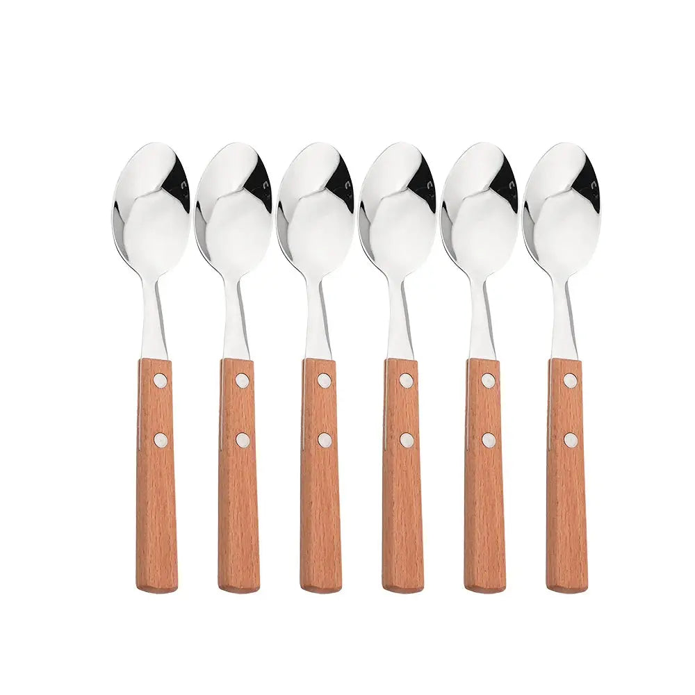 Knife Fork Teaspoon with Wooden Handle 304 Stainless Steel Cutlery Set 6/24Pcs Tableware Mirror Dinnerware Home Flatware Kitchen from PriceLows™