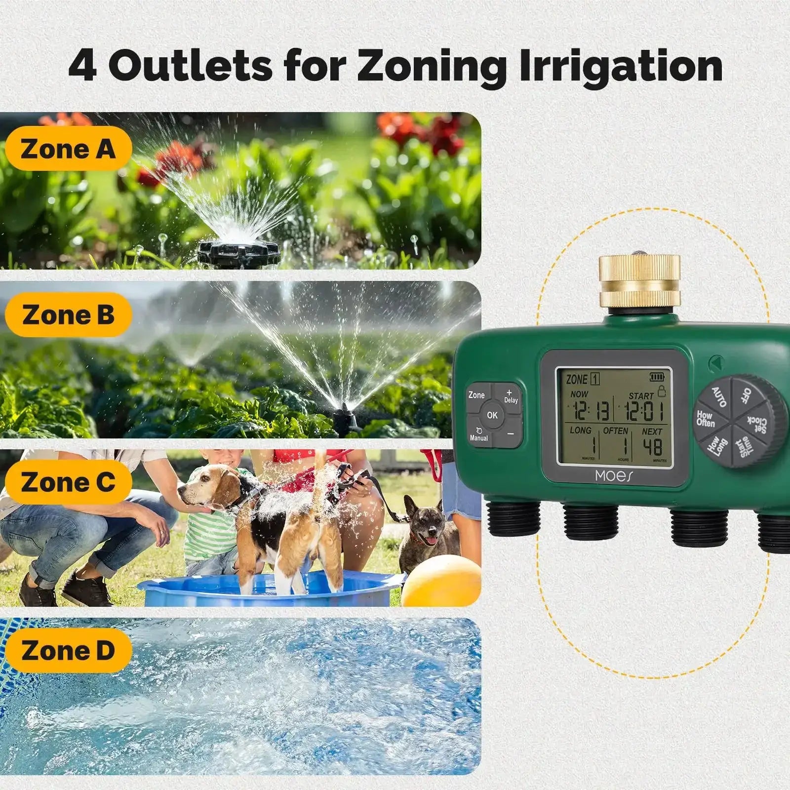 MOES Digital Water Timer 1/3/4 Outlet Brass Inlet Programmable Irrigation Controller LCD Display IPX5 Waterproof from PriceLows™