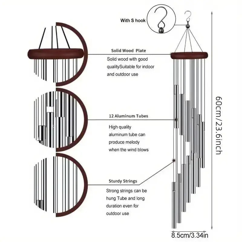 12 Tubes Rotating Solid Wood Aluminum Pipe Wind Chime Waterproof 12 Pipe Classic Matching Music Wind Chime Home Decoration from PriceLows™