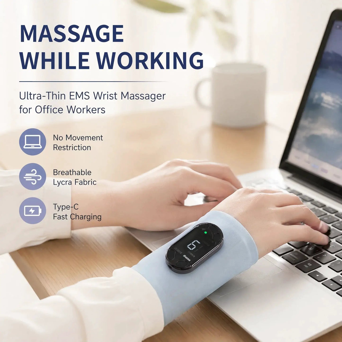EMS TENS Wrist Massager | 8 Modes 19 Levels | Pulse Heating | Fresh Blue