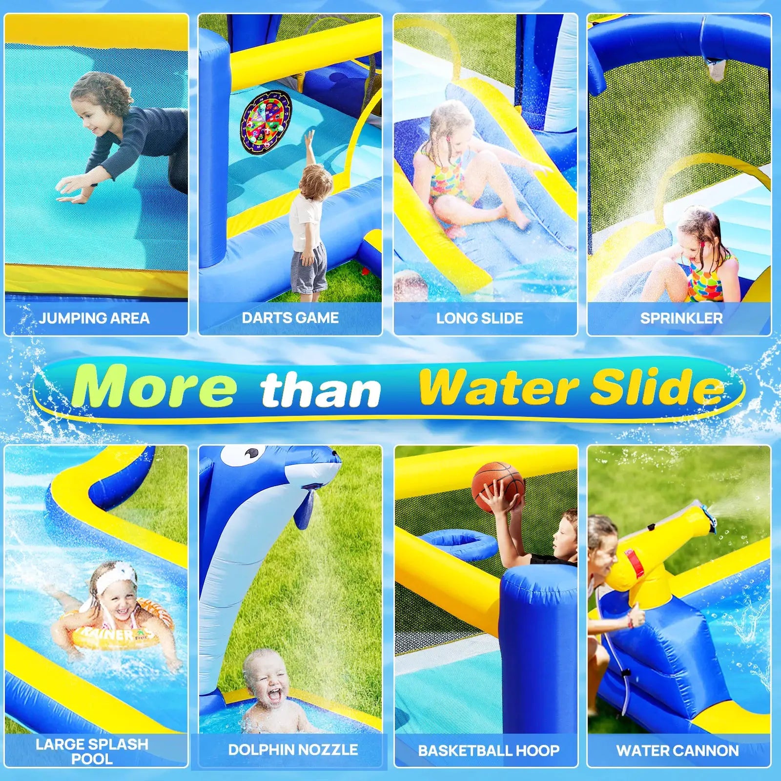 8 in1 Inflatable Slide Water Park Trampoline Bouncing House Outdoor Garden With Dolphin Sprinkler Target Games Water Gun Basketb from PriceLows™