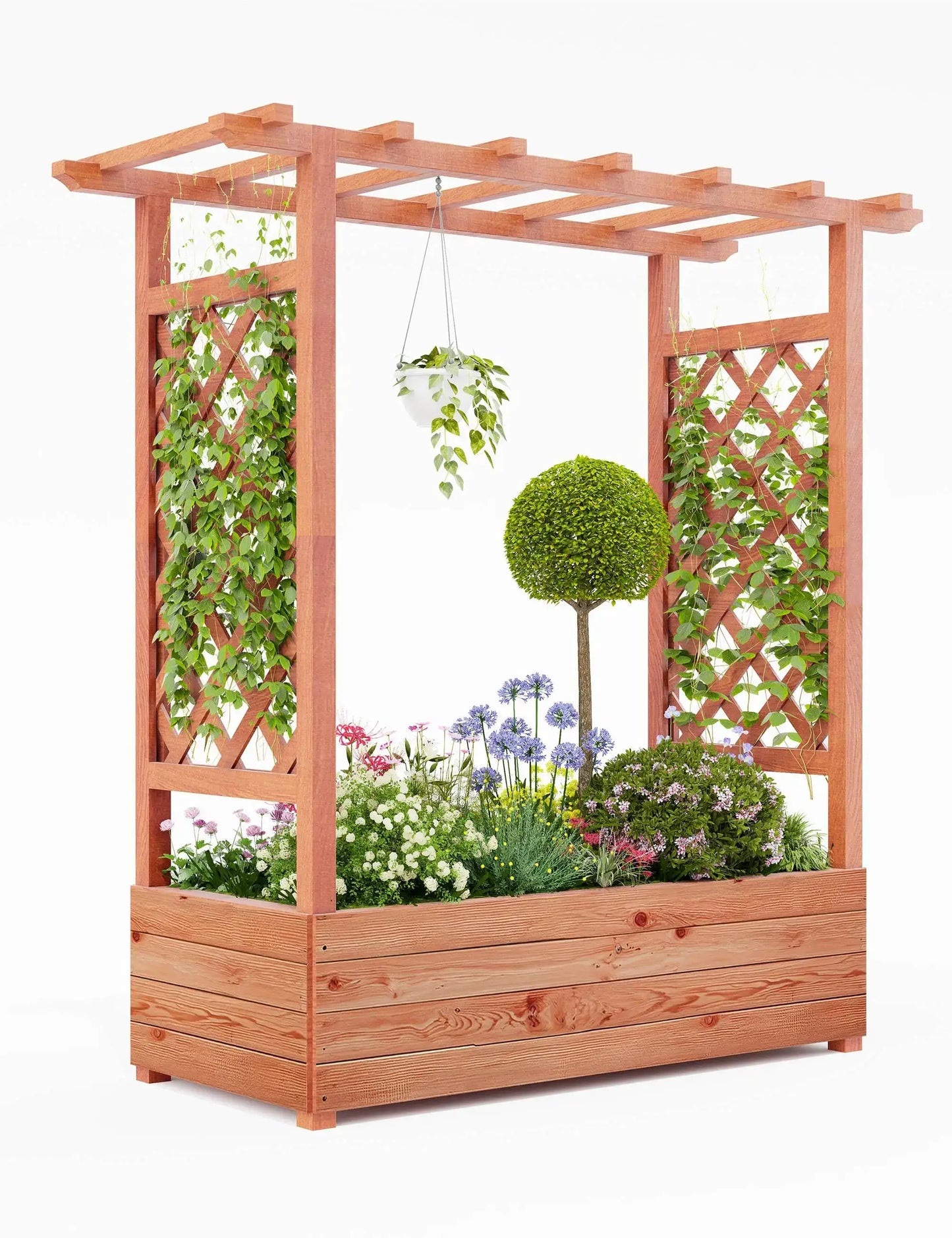 Elevated Wooden Raised Garden Bed with Trellis/Canopy/Drainage Hole Freestanding Planter Box for Climbing Plants Vines Blossoms from PriceLows™