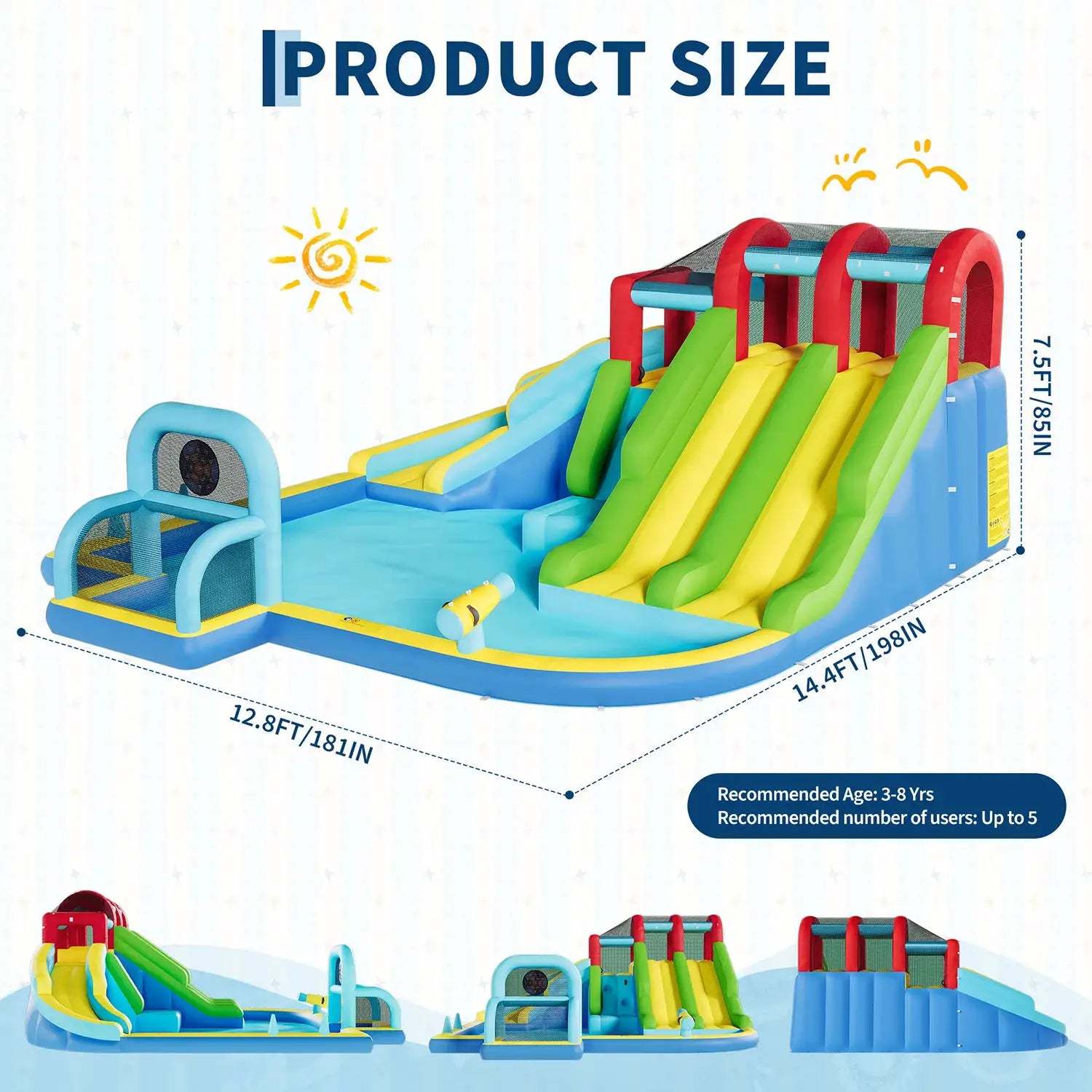 Indoor Outdoor Inflatable Bounce Castle w/3 Water Slides, Oxford Bounce Play Center for Kids Kindergarten Backyard Water Sports from PriceLows™
