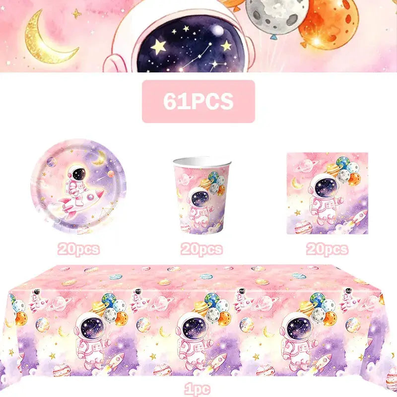 Astronaut Birthday Party Set | 61 Pcs Cup Plates Tablecloth