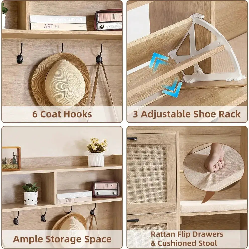 78" Tall Boho Hall Tree with Bench & Shoe Storage, 4-in-1 Mudroom Rattan Coat Rack with 2 Flip Drawers & Cushioned Stool, Entryway Hall Tree Cabinet with 6 Hooks for Garage, Natural Oak from PriceLows™