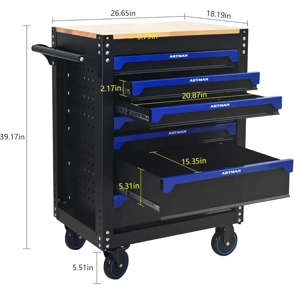 Heavy-Duty Mobile Metal Tool Chest with Locking Wheels, Stainless Steel Worktop, Garage Storage Cabinet (Black-Blue, 7-Drawers, from PriceLows™