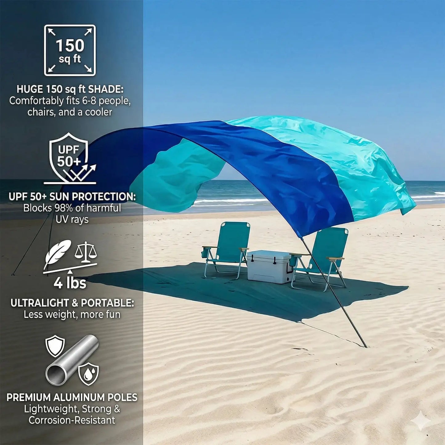 Wind-Resistant Beach Shade Tent 150 sq ft oversized canopy with sand anchors 4 lb ultralightweight UPF 50+ sun protection tent from PriceLows™