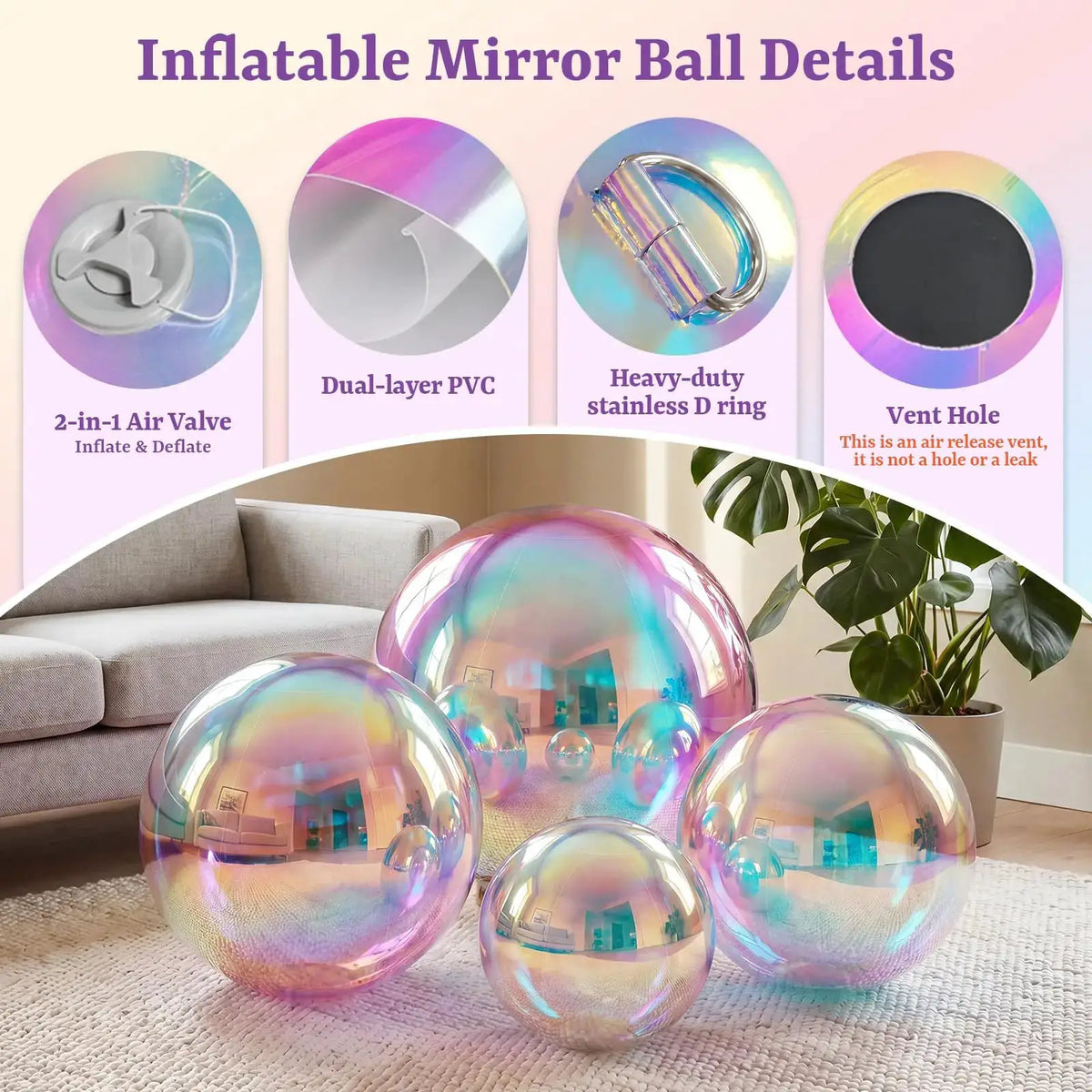 Inflatable Disco Ball | Iridescent PVC Coating | Hang And Stand | 6 Piece Set