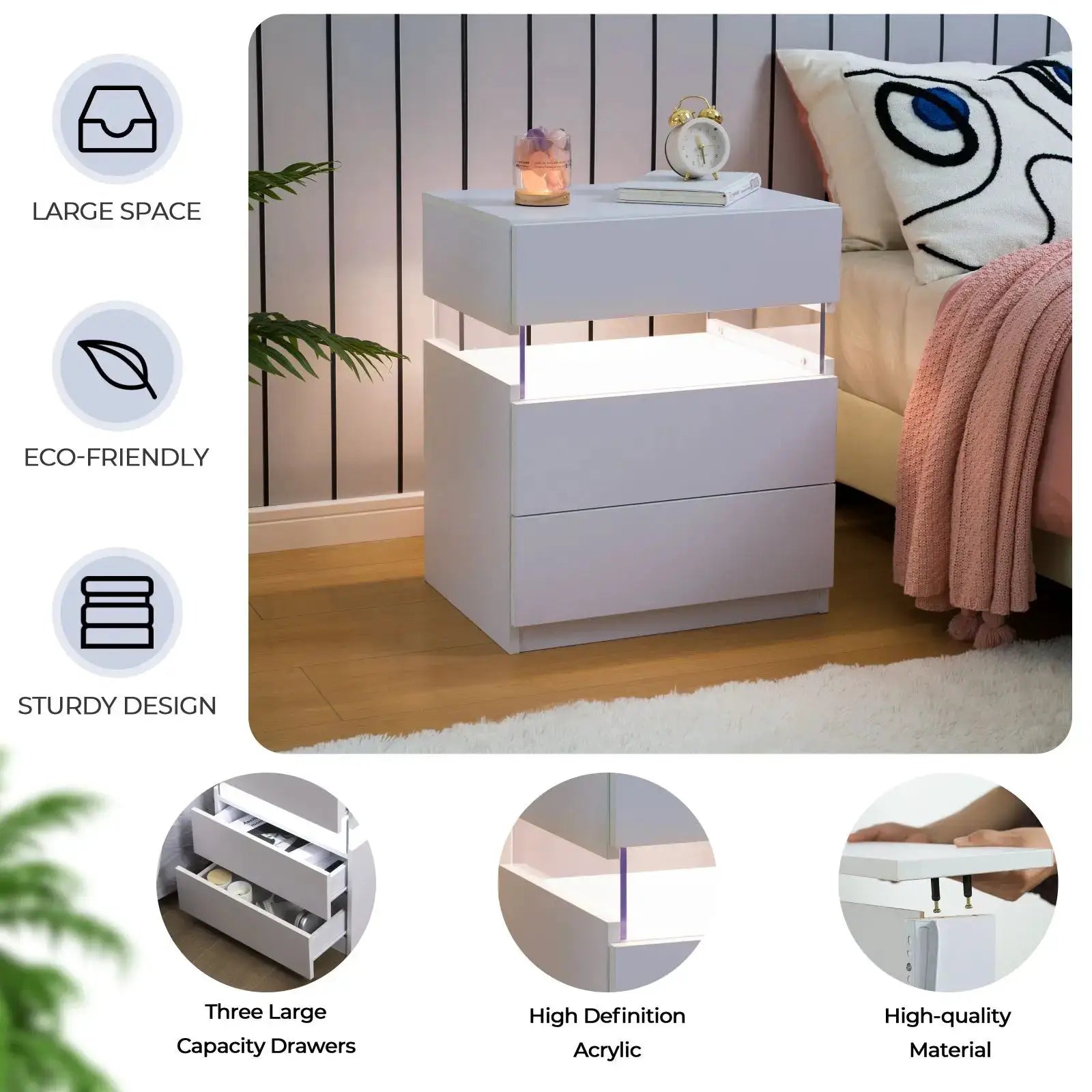 Cubehom Bedside Tables 2 Set with LED Lighting White Bedside Table with 3 Drawers Bedside Table for Bedroom from PriceLows™