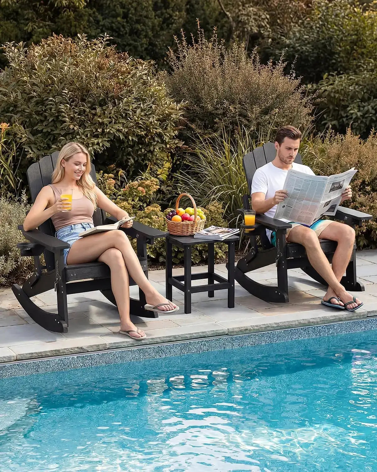 Adirondack Rocking Chairs with Retractable Ottoman & Cup Holders, 6-in-1 Folding HDPE Outdoor Rockers for Patio, Porch, Lawn from PriceLows™