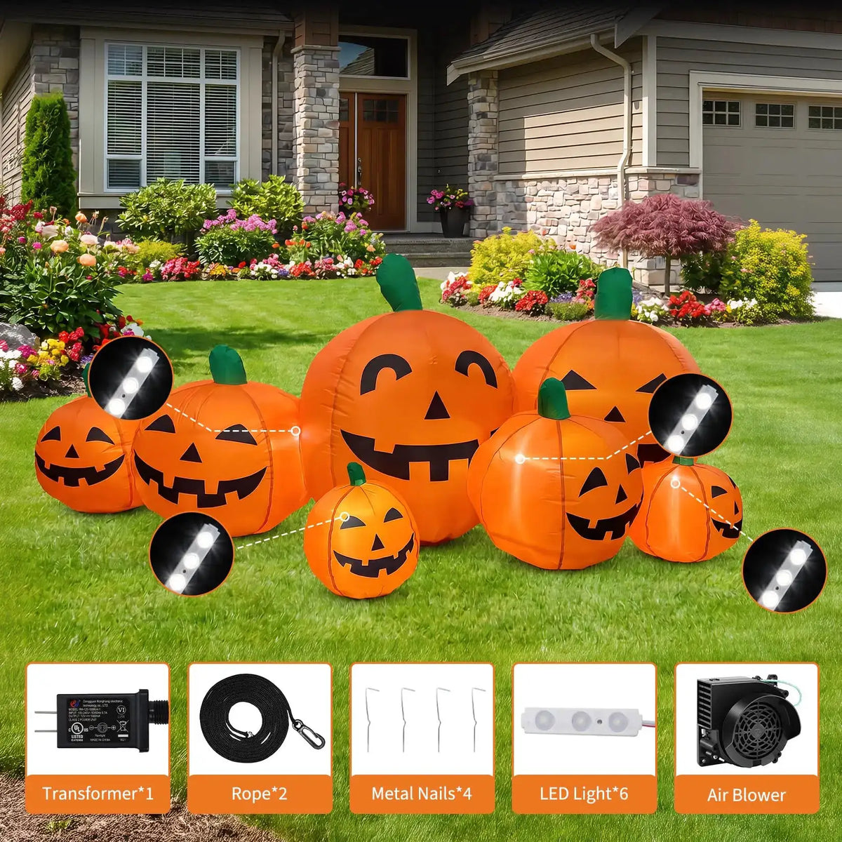 Halloween Inflatable Pumpkin | 7 Pack Jack O Lantern | Led Light | 7.5 Ft