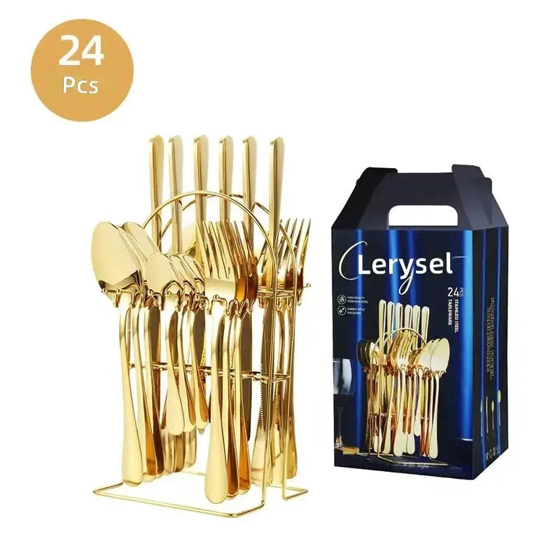 Stainless Steel Steak Cutlery Set with Gift Box, 24 Piece Western Knife Fork Spoon Household Tableware from PriceLows™