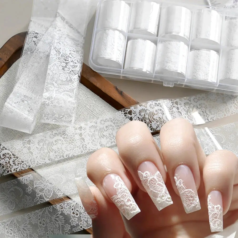 10rolls Mixed Black&White Lace Nail Transfer Foils Sticker Set Sexy Lace Flower Pattern Nail Stickers For women Manicure Decor#% from PriceLows™