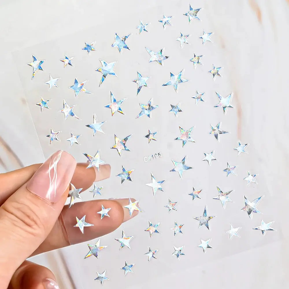 3D Bronzing Laser Silver Irregular Star Nail Decals Metallic Effect Silver Pentagram Nail Decals Adhesive Nail Art Star Stickers from PriceLows™