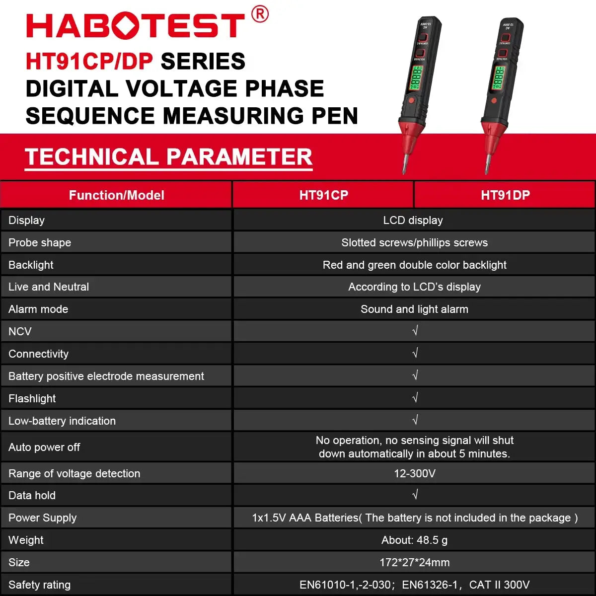HABOTEST HT91CP/DP Series Digital Voltage Phase Sequence Measuring Pen Voltage Detector Probe Zero Live Wire Voltage Meter from PriceLows™