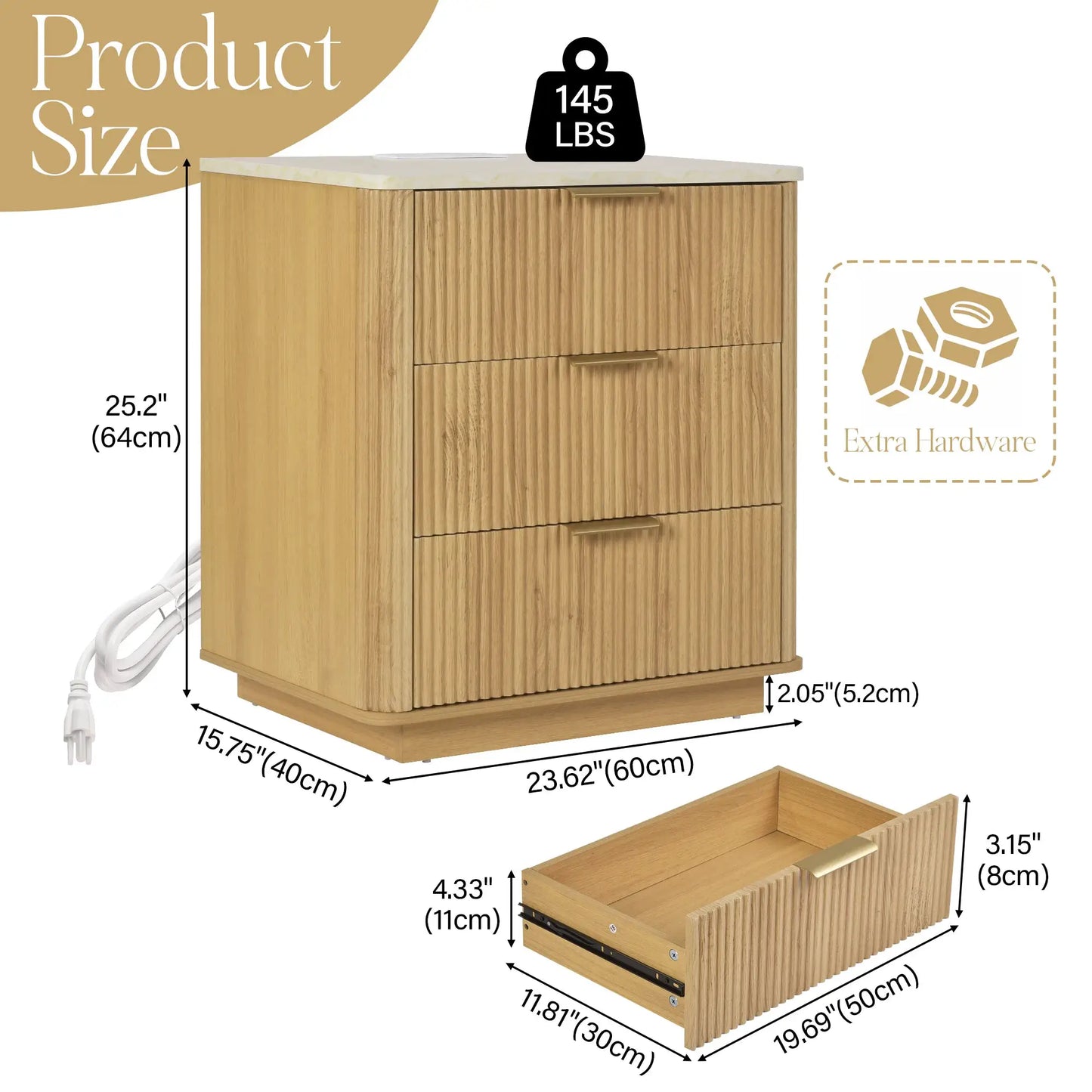 23" Wide Fluted Night Stand with Charging Station,3 Drawers Large End Table with Storage,Black Nightstand Wood Bedside Table, Farmhouse Cabinet Dresser for Bedroom,Closet from PriceLows™