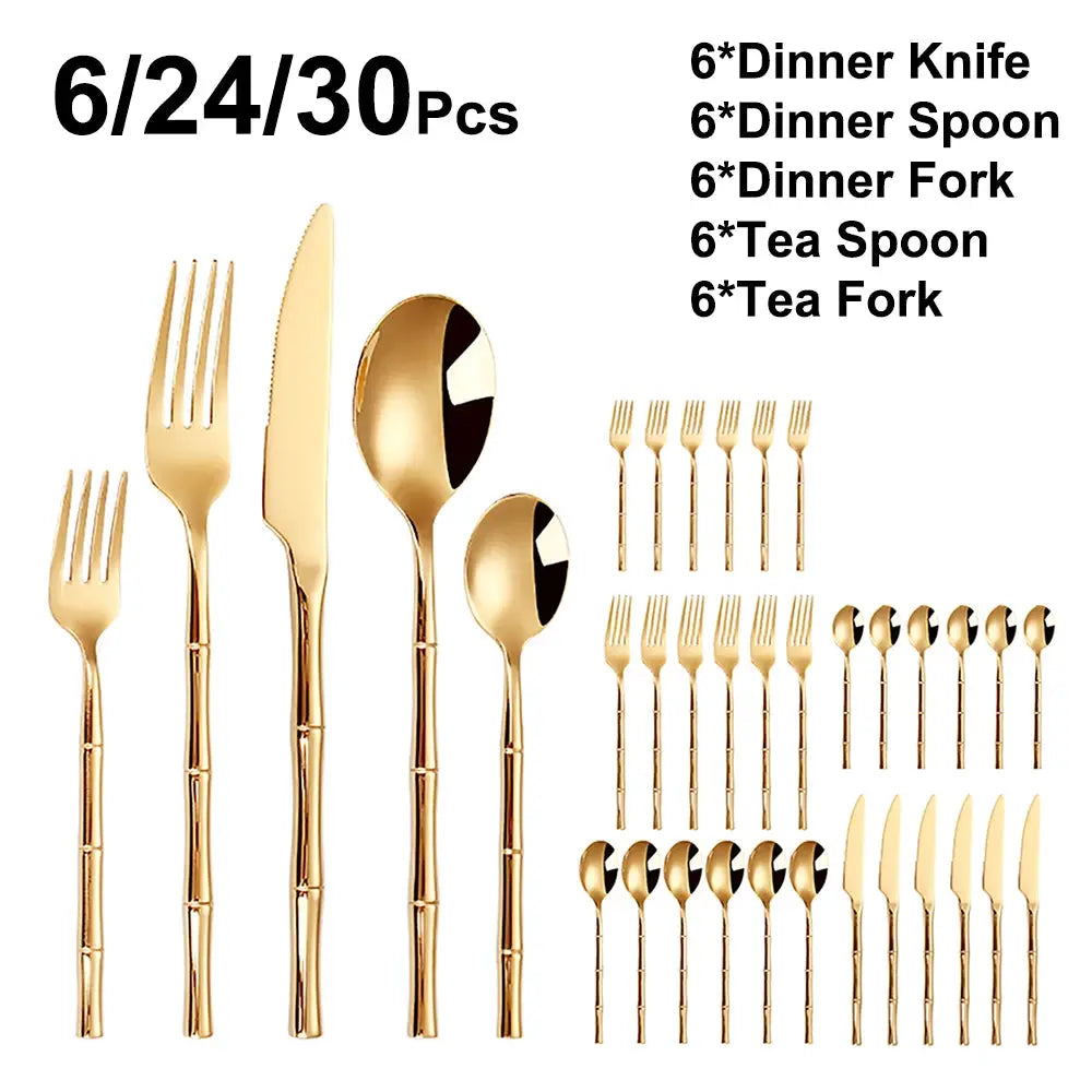 6/24/30Pcs Stainless Steel 304 Tableware Gold Cutlery Set Western Bamboo Shaped Handle Knife Fork Spoon Mirror Dinner Set from PriceLows™