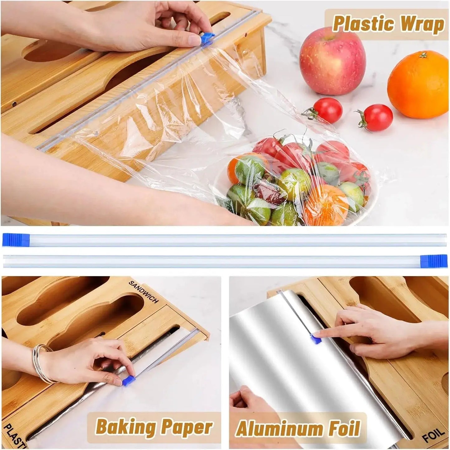 Bamboo Kitchen Organizer | Wrap and Foil Dispenser | Wall Mount Drawer | 65 Bags