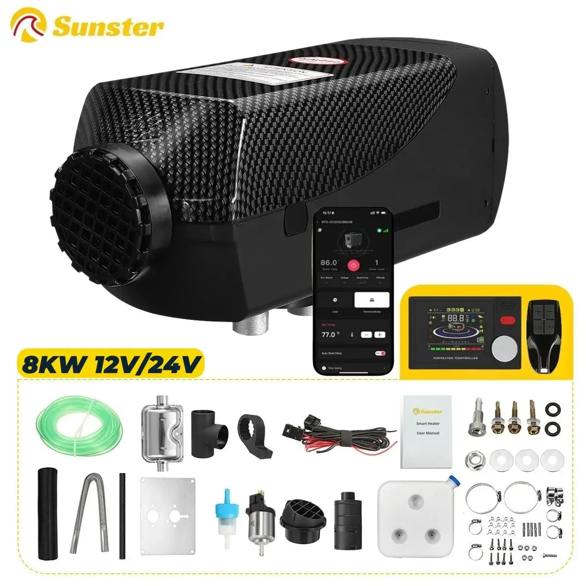 Sunster 8KW Diesel Air Heater 12V 24V Low Noise Car Parking Heater with LCD Panel &Bluetooth APP Control For RV Car Truck Home from PriceLows™