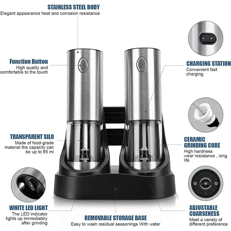 Electric Salt Pepper Grinder Set | USB Charge Base | Large Capacity | Stainless