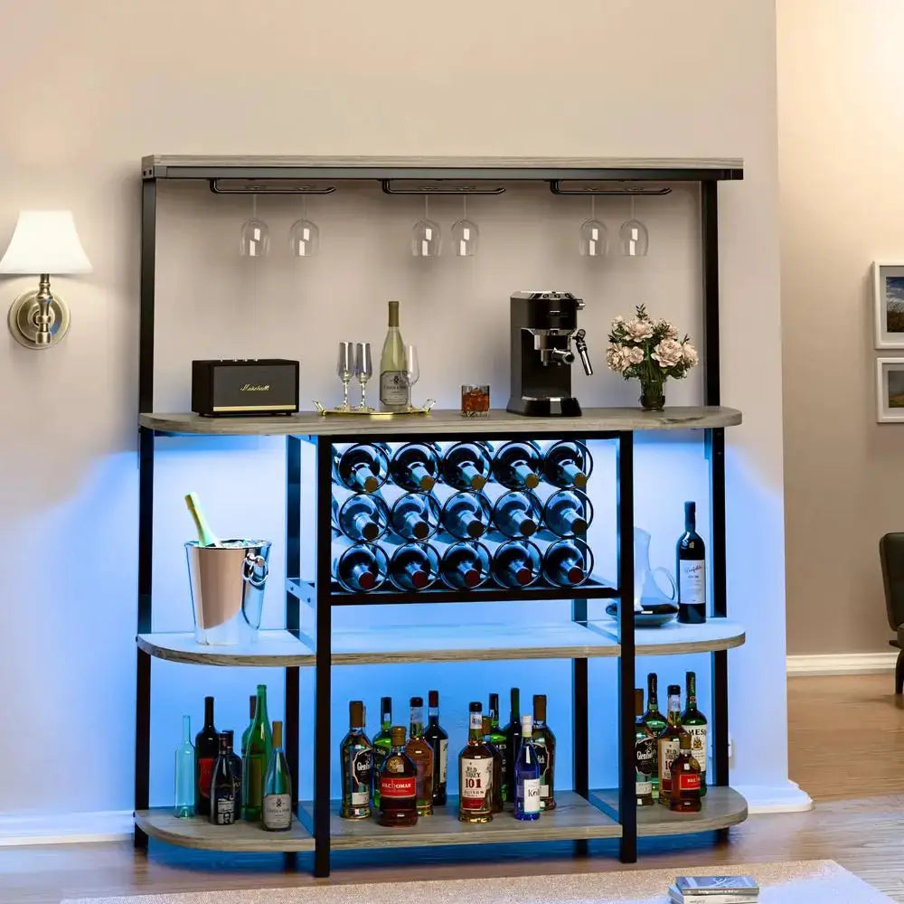 Wine Bar Cabinet with Power Outlet and LED Lights, Home Bar Cabinet Table for Liquor, Freestanding Wine Racks with 4Tier Storag from PriceLows™
