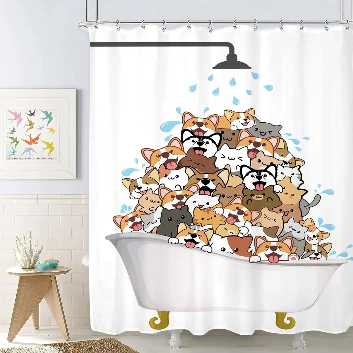 Cute Animals Bathing Cats Dogs Cartoon Shower Curtain Bath Head Bathtub Pattern Kids Child Bathroom Decor Polyester Bath Curtain from PriceLows™