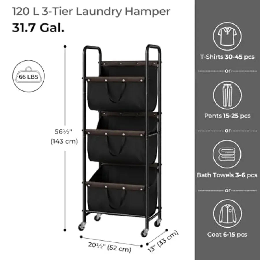 3 Tier Laundry Sorter, Laundry Basket with Wheels, Laundry Room Organization and Storage, 3 Section Rolling Laundry Cart for Do from PriceLows™